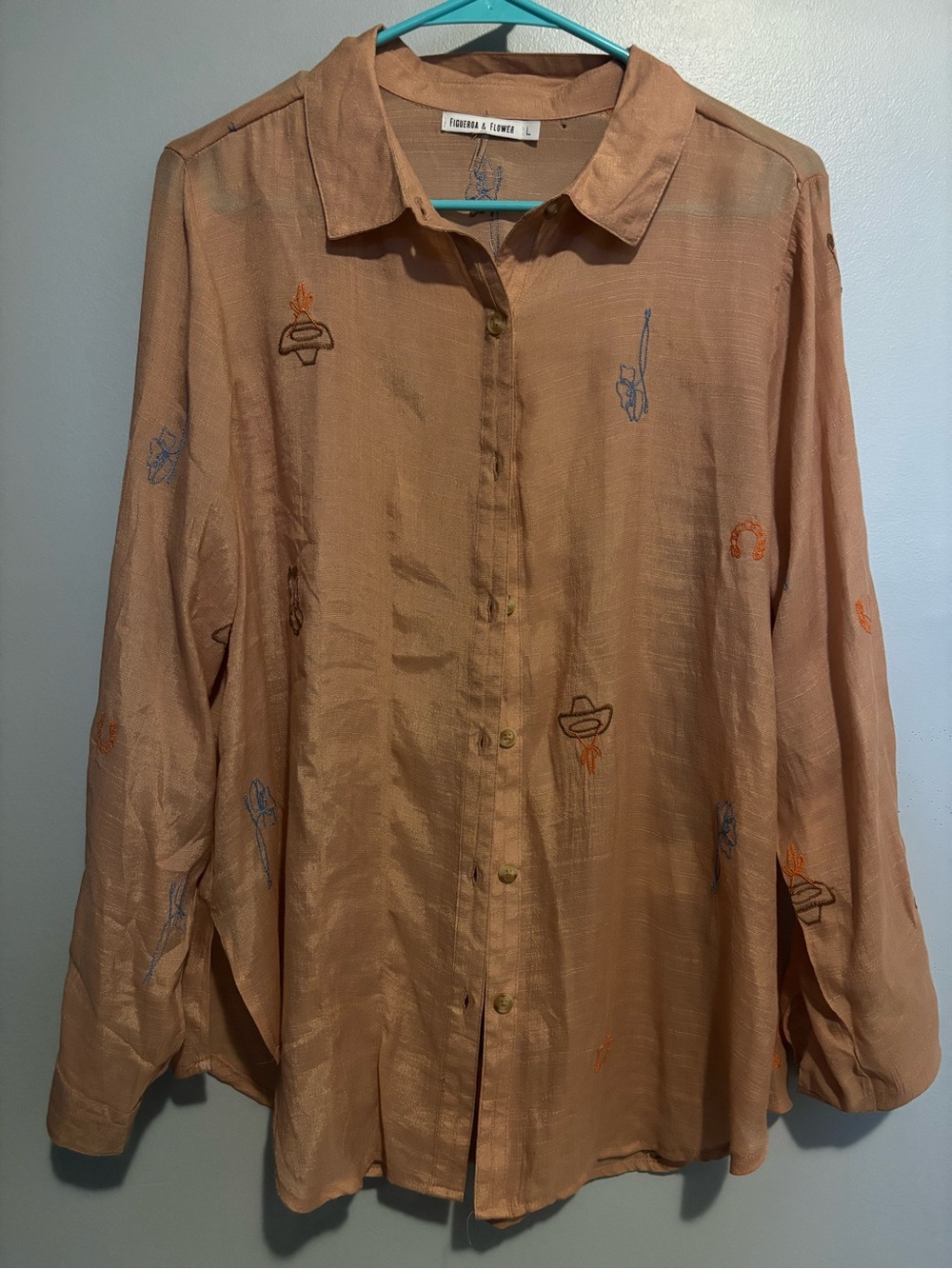 Embroidered Peach Button-Up Shirt